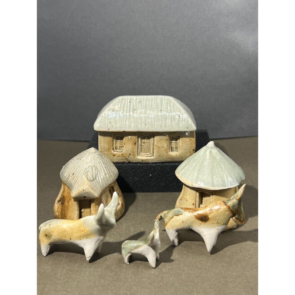 Primitive Glossy Solid (Stone?) Village with Houses and Cows Unmarked